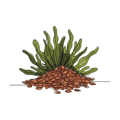 Illustration of vegetarian sources of Omega-3 such as flax seeds and marine algae.