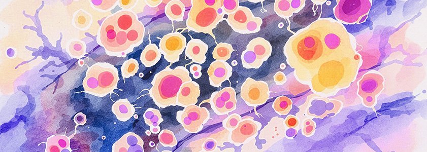 An abstract illustration of a surge in macrophages arriving at the affected site as part of acute inflammation process triggered by the immune system.